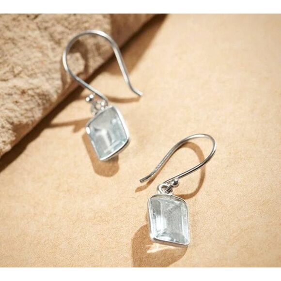 Pretty 2 Carat Emerald Cut & Faceted Blue Topaz Dangle Earrings - Picture 5 of 5